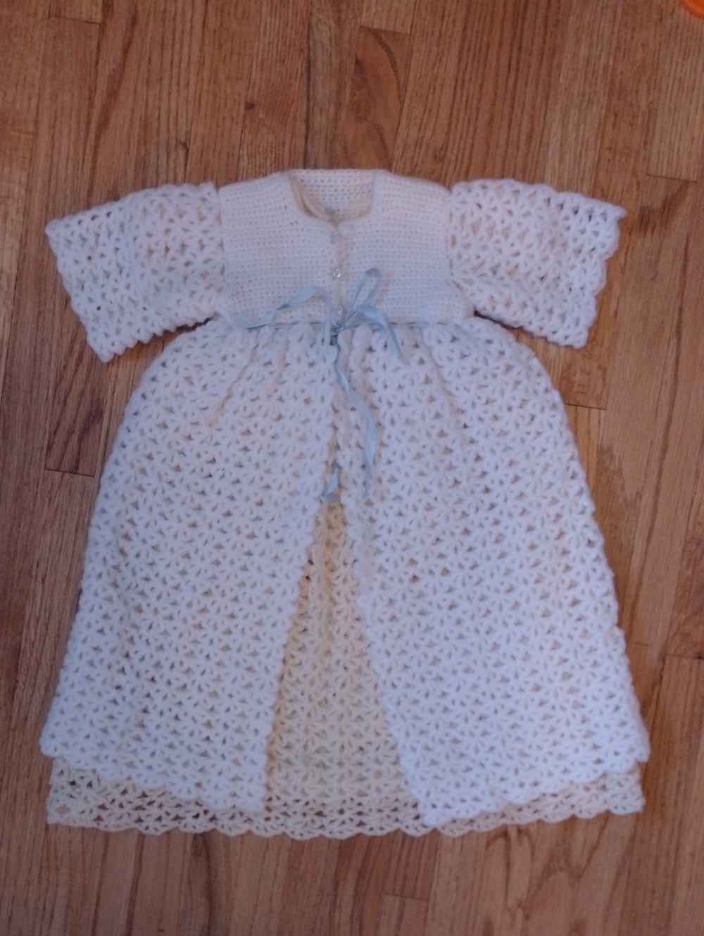 Handmade White &Cream Handknit Adorable Baby Dress with Blue Ribbon